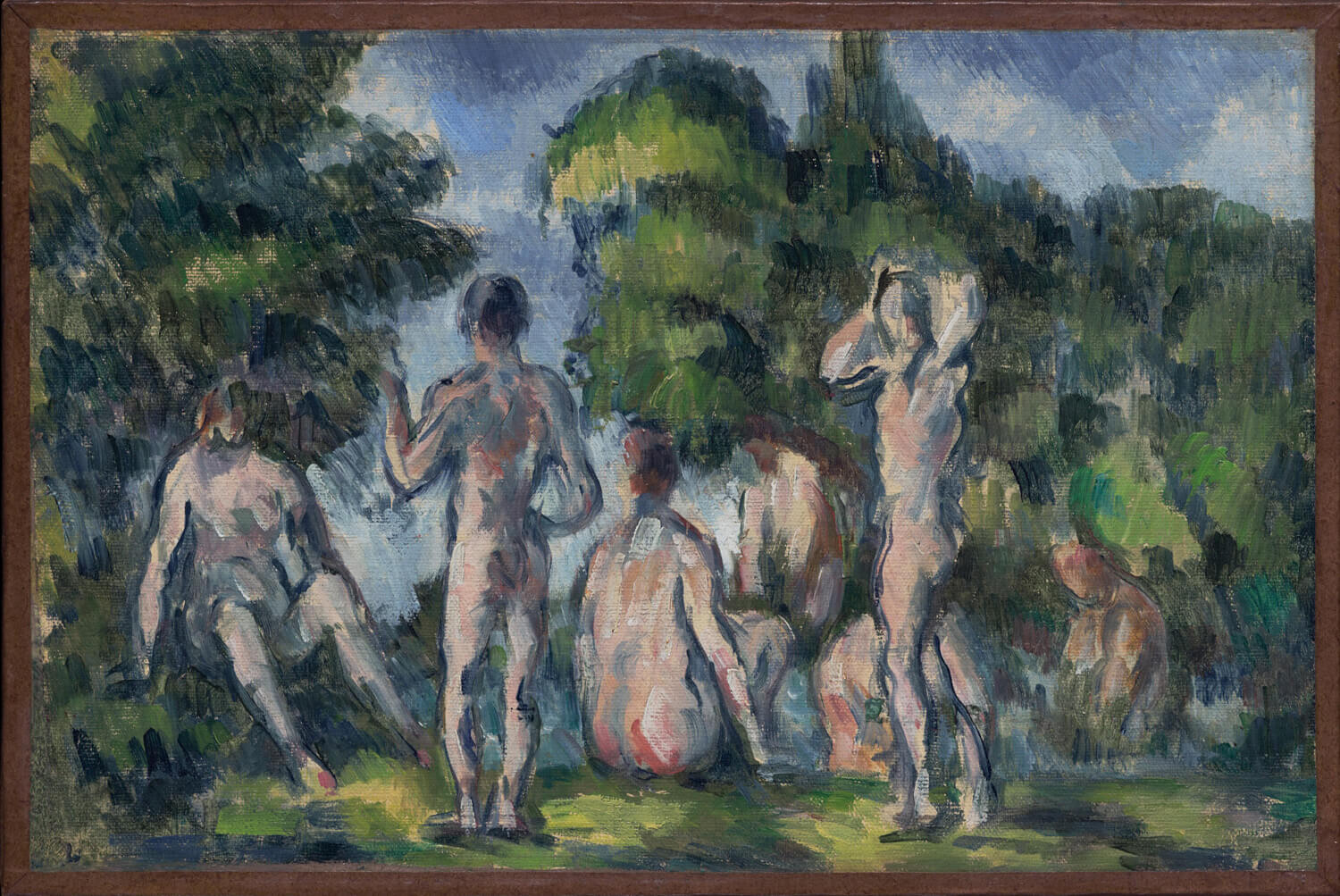 Gruppe von Badenden von Paul Cézanne – postimpressionistisches Gemälde mit harmonisch arrangierten Figuren in einer natürlichen Umgebung, geprägt von kräftigen Farben und dynamischen Pinselstrichen.