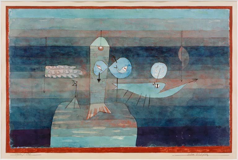 Kunstdruck von „Guter Fischplatz“ von Paul Klee mit fantasievoller Fischdarstellung und abstrakten Formen in harmonischen Farben.