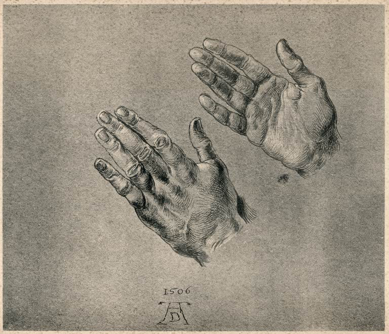 Kunstdruck „Hände des Kaisers“ von Albrecht Dürer mit fein ausgearbeiteter Handstudie der Renaissance