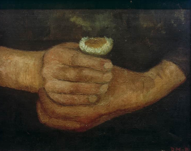 Kunstdruck „Hände mit Kamillenblume“ von Paula Modersohn-Becker mit zarten Händen und heller Blume