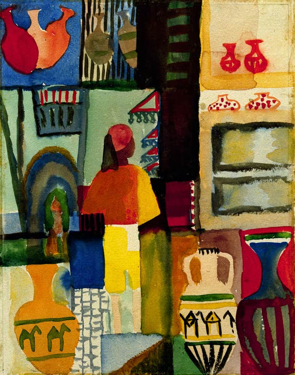 Kunstdruck des Gemäldes „Händler mit Krügen“ von August Macke. Hochwertig in Deutschland von Hand gefertigt, erhältlich als Leinwand oder Poster und optional gerahmt.
