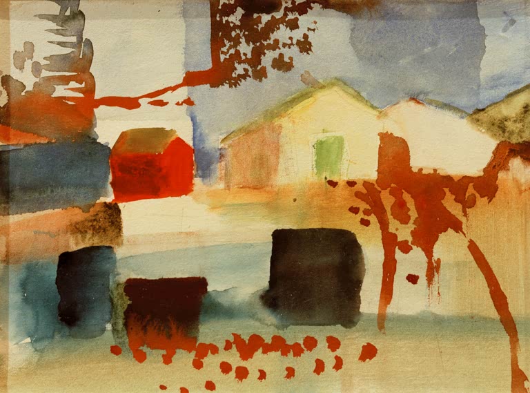 Kunstdruck des Gemäldes „Häuser“ von August Macke. Hochwertig in Deutschland von Hand gefertigt, erhältlich als Poster oder Leinwand und optional gerahmt.