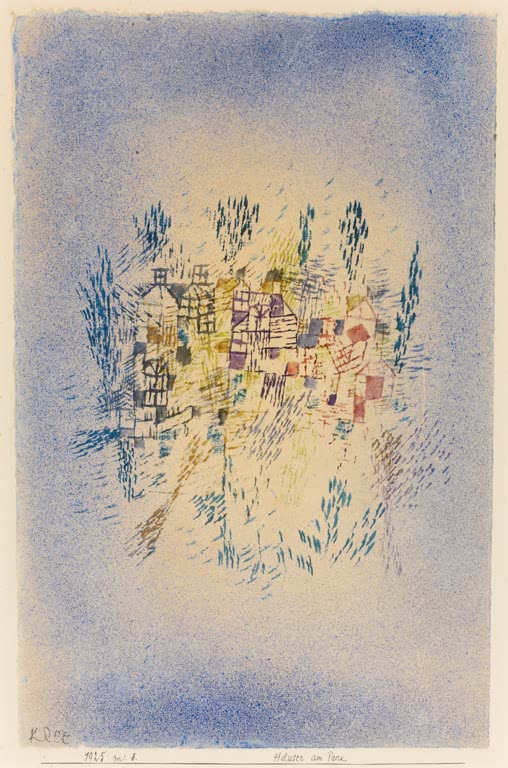 Kunstdruck „Häuser am Park“ von Paul Klee mit abstrakter Darstellung von Häusern und einer Parklandschaft