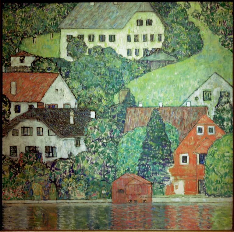 Kunstdruck des Gemäldes „Häuser in Unterach am Attersee“ von Gustav Klimt – hochwertige Reproduktion der idyllischen Landschaft am Attersee.