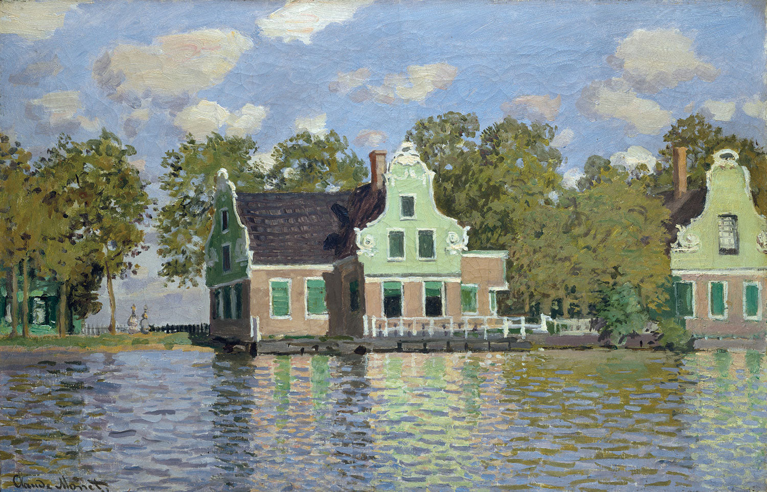 Idyllische Flusslandschaft mit Häusern am Ufer der Zaan, sanfte Spiegelungen im Wasser, impressionistisch gemalt von Claude Monet.