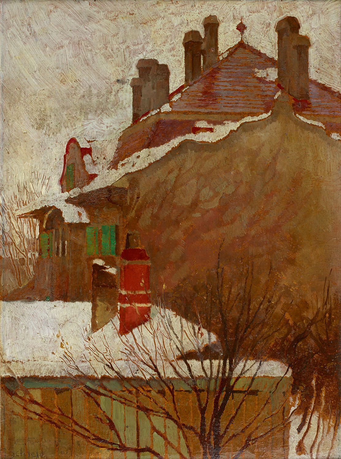 Ein Gemälde von Egon Schiele mit dem Titel „Häuser im Winter (Blick aus dem Atelier)“. Es zeigt eine verschneite Stadtlandschaft mit markanten, geometrischen Häusern, deren Dächer von Schnee bedeckt sind. Die winterliche Szene wird in gedeckten Farbtönen mit Schieles charakteristischer Linienführung dargestellt.
