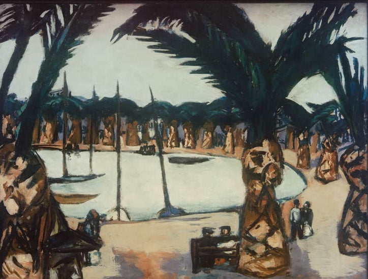 Kunstdruck „Hafen bei Bandol (grau) und Palmen“ von Max Beckmann mit Hafenansicht und Palmen