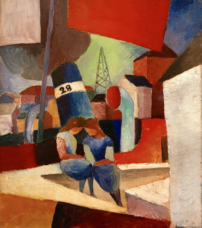 Kunstdruck des Gemäldes „Hafenbild mit Kindern auf der Mauer: Duisburger Hafen“ von August Macke. Hochwertig in Deutschland von Hand gefertigt, erhältlich als Poster oder Leinwand und optional gerahmt.