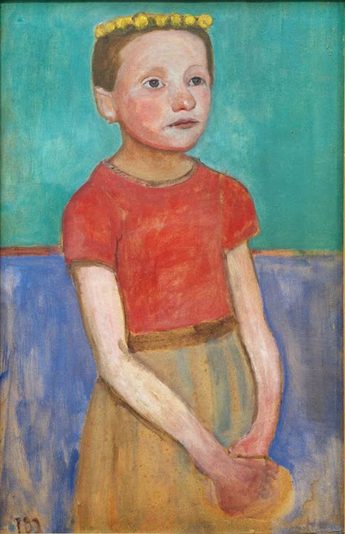 Kunstdruck von Halbfigur eines Mädchens mit gelbem Kranz im Haar von Paula Modersohn-Becker – farbenfrohes Porträt als hochwertiger Kunstdruck.