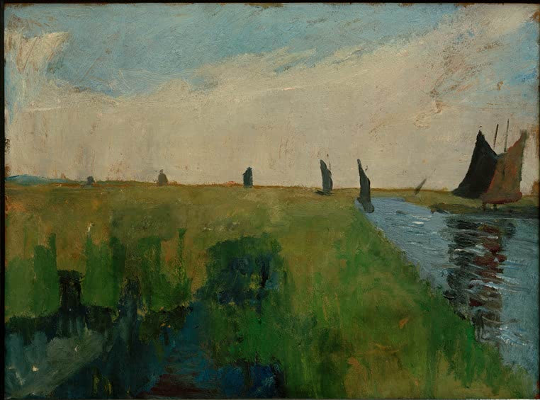 Kunstdruck von Hamme-Landschaft mit Torfkähnen von Paula Modersohn-Becker – stimmungsvolle Flusslandschaft mit Torfkähnen als hochwertiger Kunstdruck.