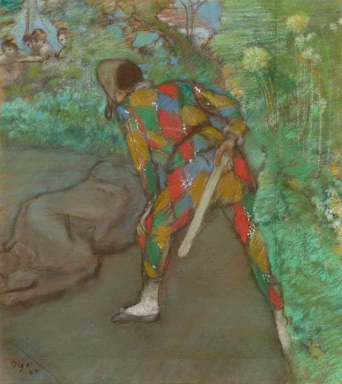 Kunstdruck des Gemäldes „Harlekin“ von Edgar Degas mit der Darstellung einer ausdrucksstarken Harlekinfigur. Hochwertig in Deutschland per Hand gefertigt, erhältlich als Poster oder Leinwand.
