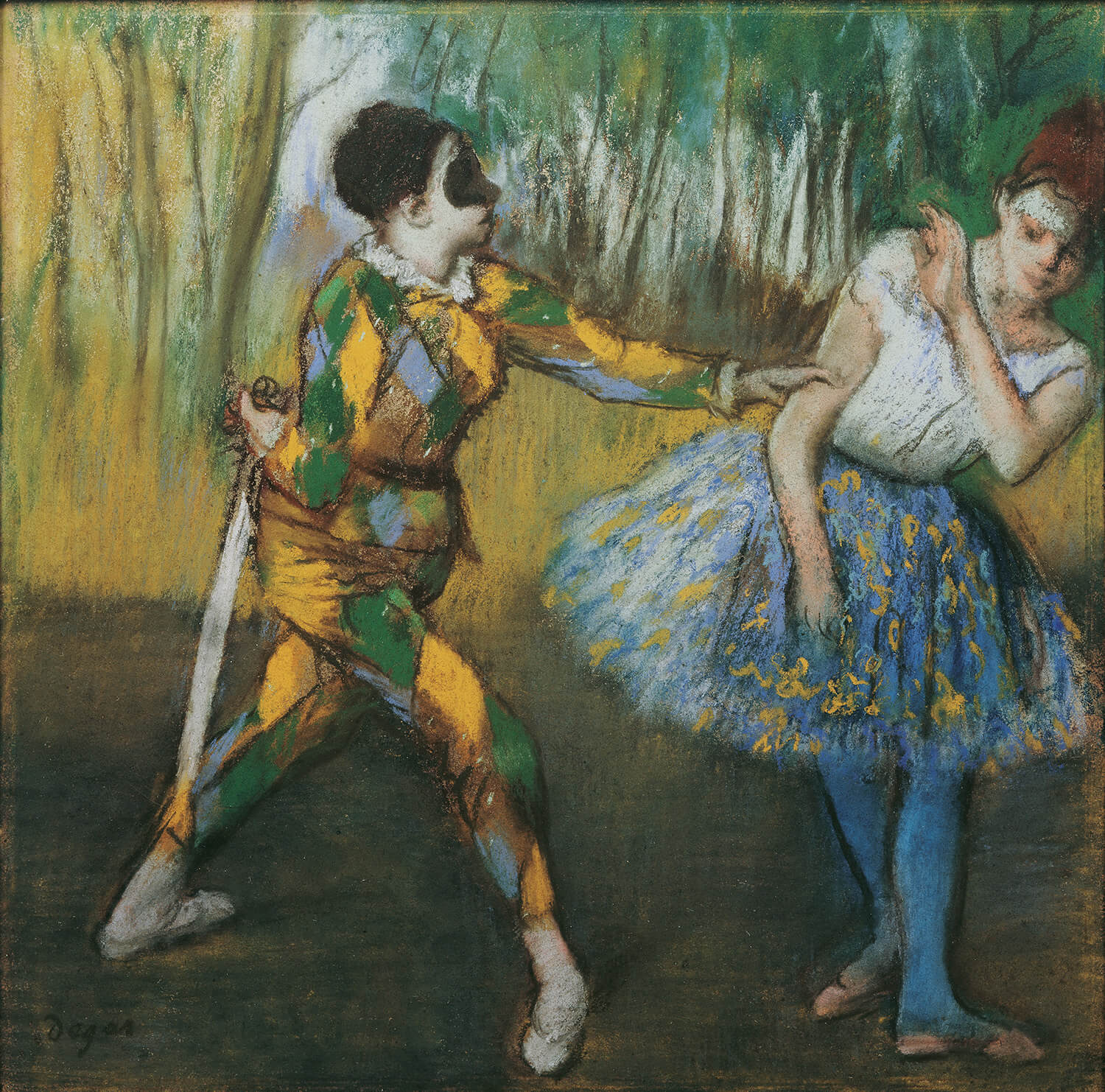 Das Gemälde Harlekin und Colombine von Edgar Degas zeigt zwei Figuren der Commedia dell’arte in lebendiger Interaktion. Harlekin in buntem Kostüm und Colombine in zarten Farben stehen sich gegenüber, eingefangen in impressionistischer Malweise mit weichen Pinselstrichen und dynamischer Bewegung.