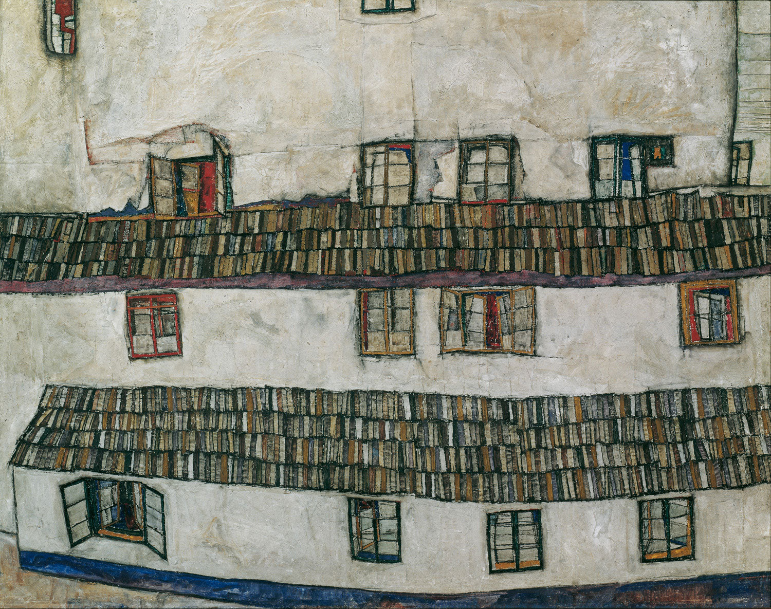 Egon Schieles Gemälde "Hauswand (Fenster)" aus dem Jahr 1914 zeigt eine verwitterte Hausfassade mit mehreren unregelmäßig angeordneten Fenstern6. Die Wand ist grob verputzt und von Rissen durchzogen, was deutliche Spuren des Alterns erkennen lässt
