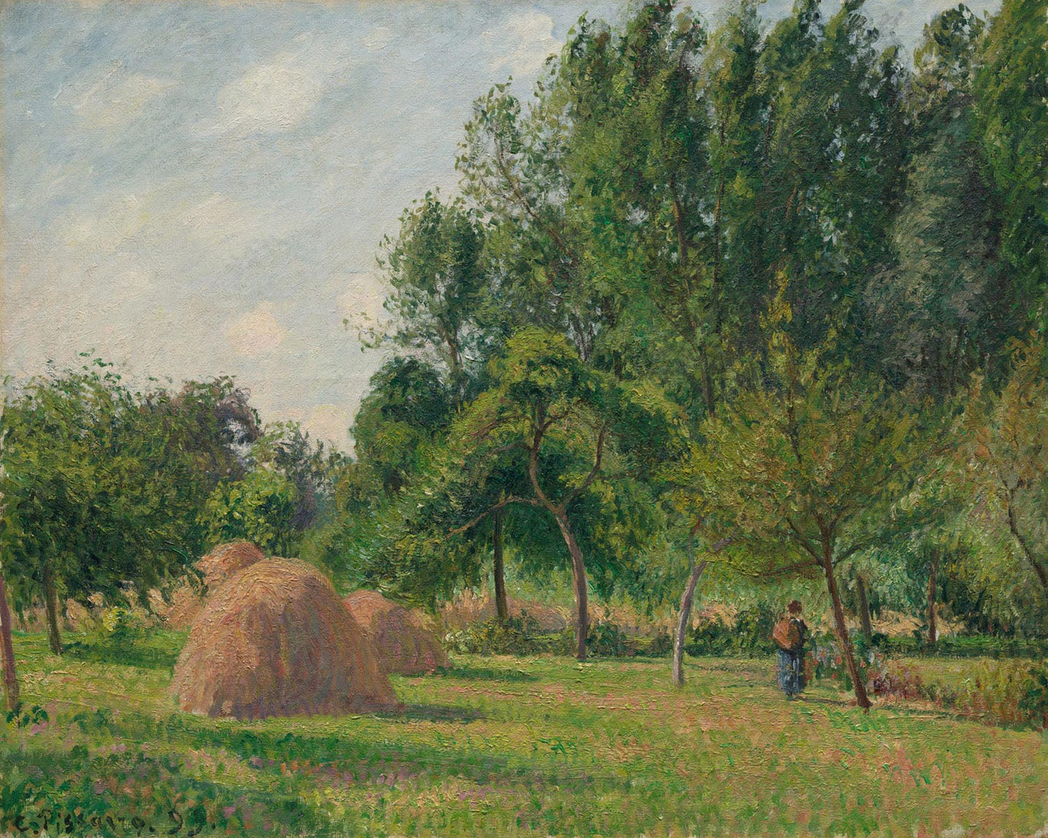 „Heuhaufen, Morgen, Éragny“ von Camille Pissarro zeigt eine malerische ländliche Szene mit Heuballen im frühen Morgenlicht. Die sanften Farbnuancen und die impressionistische Pinseltechnik fangen die friedliche Atmosphäre und den Charme des französischen Dorfes Eragny meisterhaft ein.