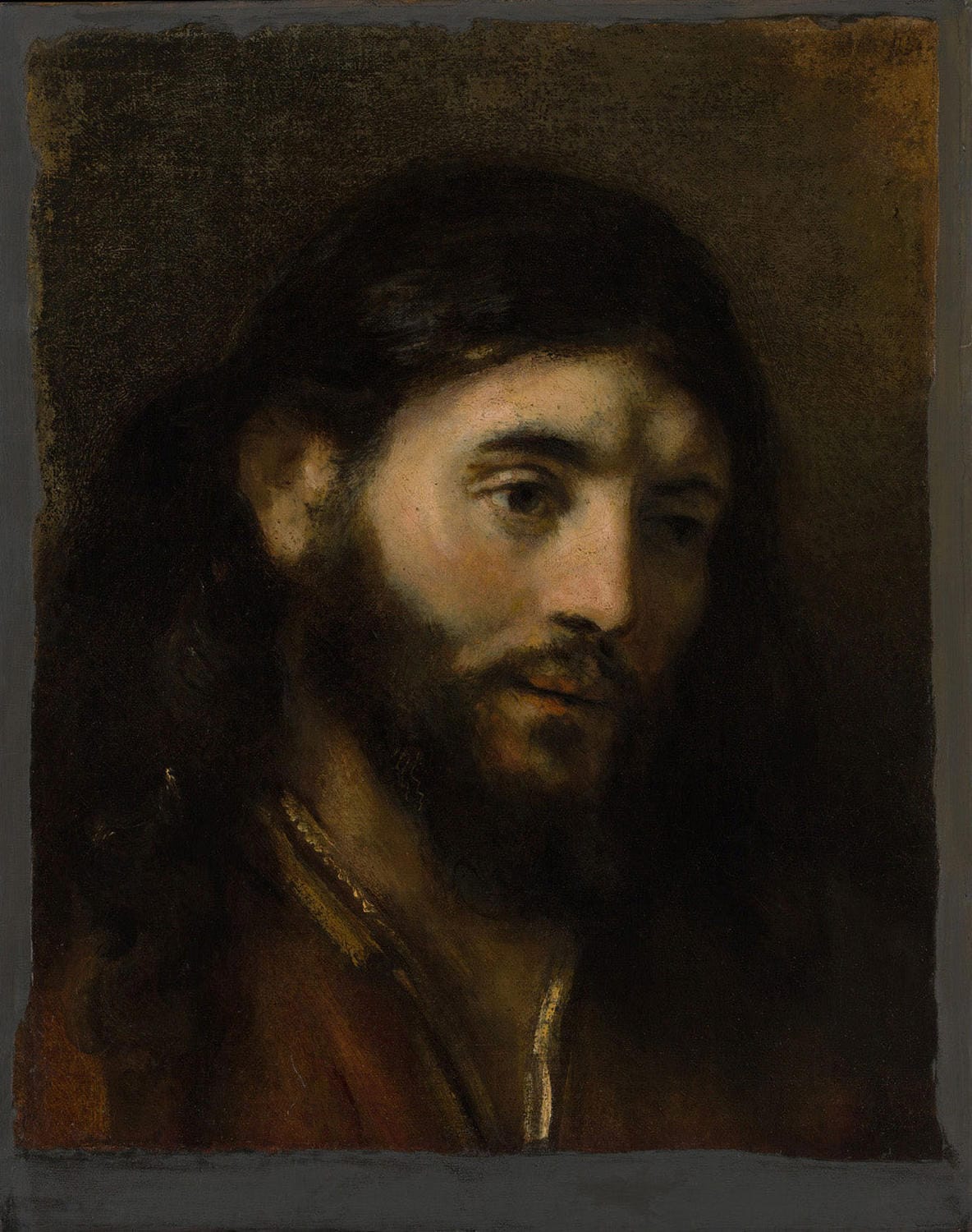 Kopf Christi, gemalt von Rembrandt van Rijn, zeigt das Gesicht Christi in sanften Brauntönen und Goldakzenten, mit meisterhaftem Licht-Schatten-Spiel, das seine emotionale Tiefe und spirituelle Präsenz betont.