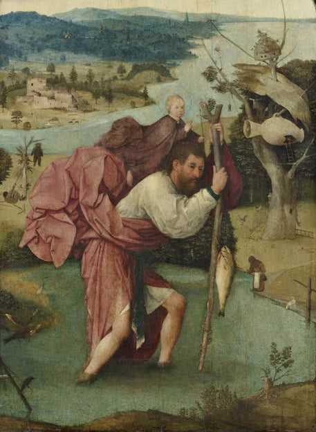 Kunstdruck „Heiliger Christophorus“ von Hieronymus Bosch mit Heiligem, Christuskind und symbolischer Landschaft