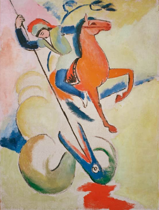 Kunstdruck des Gemäldes „Heiliger Georg“ von August Macke. Hochwertig in Deutschland von Hand gefertigt, erhältlich als Poster oder Leinwand und optional gerahmt.