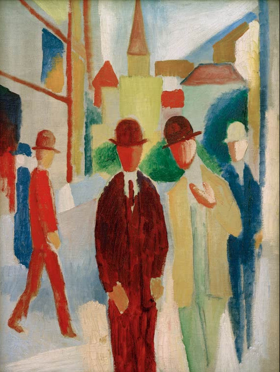 Kunstdruck des Gemäldes „Helle Straße mit Leuten“ von August Macke. Hochwertig in Deutschland von Hand gefertigt, erhältlich als Poster oder Leinwand und optional gerahmt.
