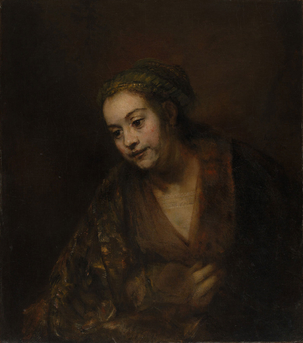 Porträt von Hendrickje Stoffels, gemalt von Rembrandt van Rijn, mit warmen Brauntönen, weichem Licht-Schatten-Spiel und fein ausgearbeiteten Details der barocken Porträtkunst.