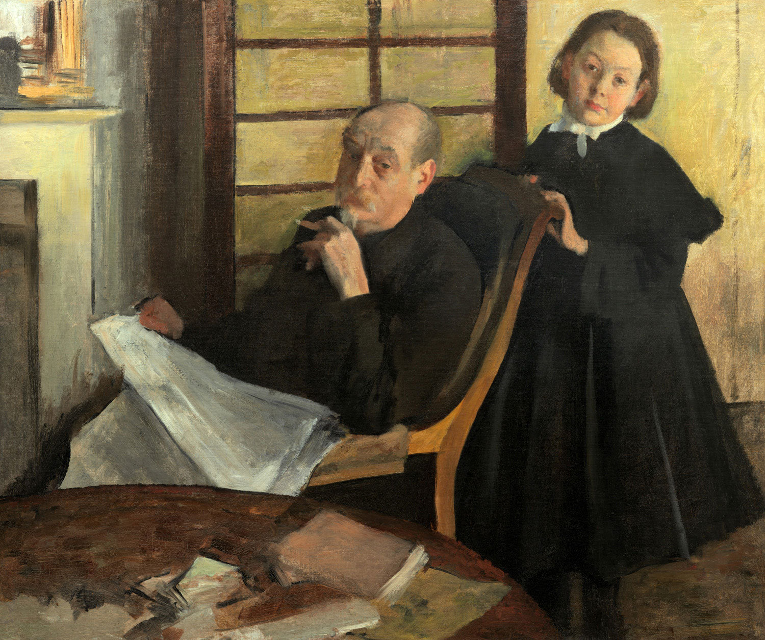 Porträtgemälde von Edgar Degas, das seinen Onkel Henri und seine Cousine Lucie zeigt. Beide tragen schwarze Trauerkleidung und sitzen in einer schlichten, intimen Umgebung. Henri sitzt auf einem Stuhl, während Lucie sich an die geschwungene Stuhllehne lehnt. Der Hintergrund ist dezent gehalten, mit einer Wand hinter Lucie und einer dunklen Fenstertür hinter Henri. Die Haltung der Figuren und die sparsame Farbgebung betonen die emotionalen Spannungen und die Verbundenheit der beiden.