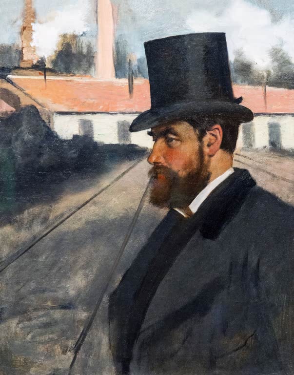 Kunstdruck des Gemäldes Henri Rouart vor seiner Fabrik von Edgar Degas mit Henri Rouart vor einem Fabrikgebäude.