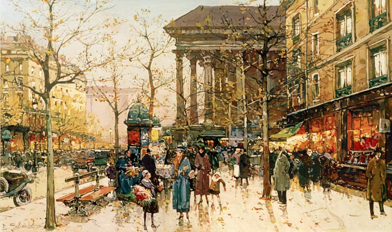Kunstdruck von „Herbsttag in Paris“ von Eugène Galien-Laloue mit belebter Pariser Straßenszene, herbstlicher Stimmung und feiner Architektur