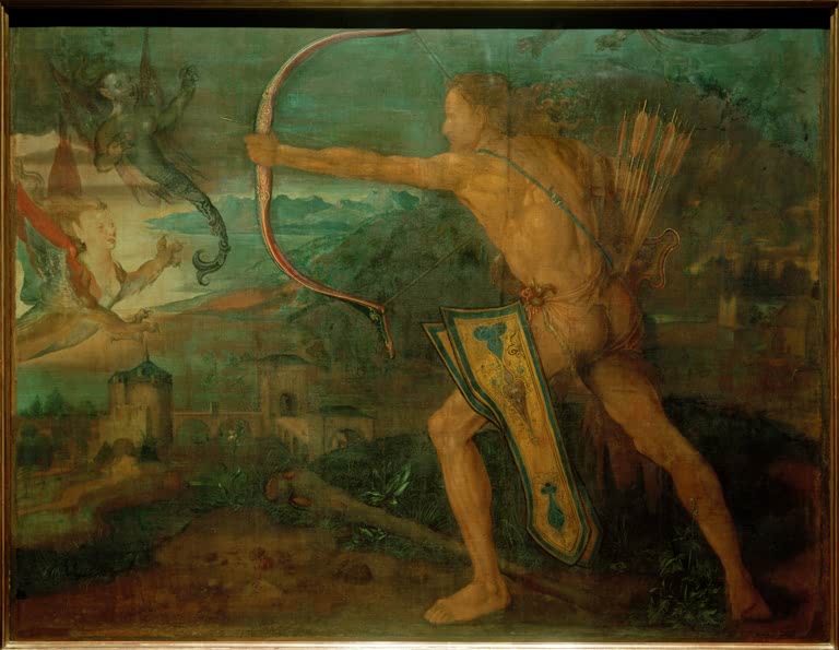 Kunstdruck von „Herkules im Kampf gegen die Stymphalischen Vögel“ von Albrecht Dürer. Detailreiche mythologische Renaissance-Darstellung des Helden Herkules, in Deutschland handgefertigt.