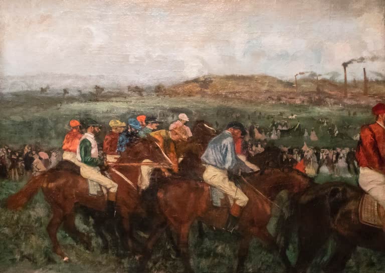 Kunstdruck des Gemäldes Herrenrennen, vor dem Start von Edgar Degas mit Jockeys und Rennpferden kurz vor Beginn eines Pferderennens.