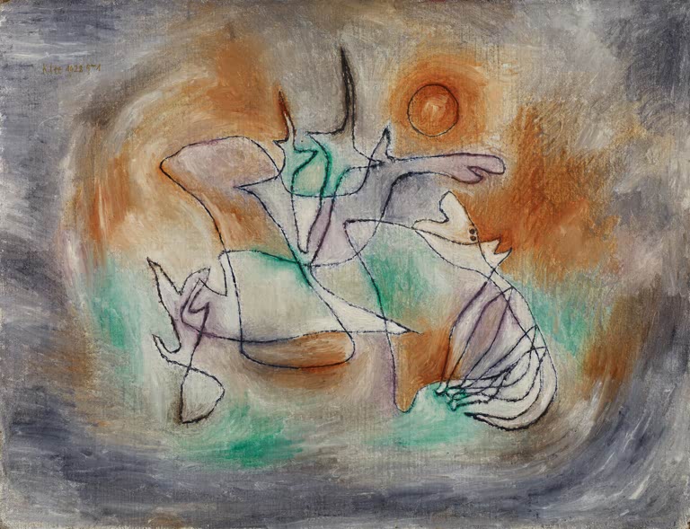 Kunstdruck des Gemäldes „Heulender Hund“ von Paul Klee – hochwertige Reproduktion eines ausdrucksstarken Kunstwerks mit tierischem Motiv.