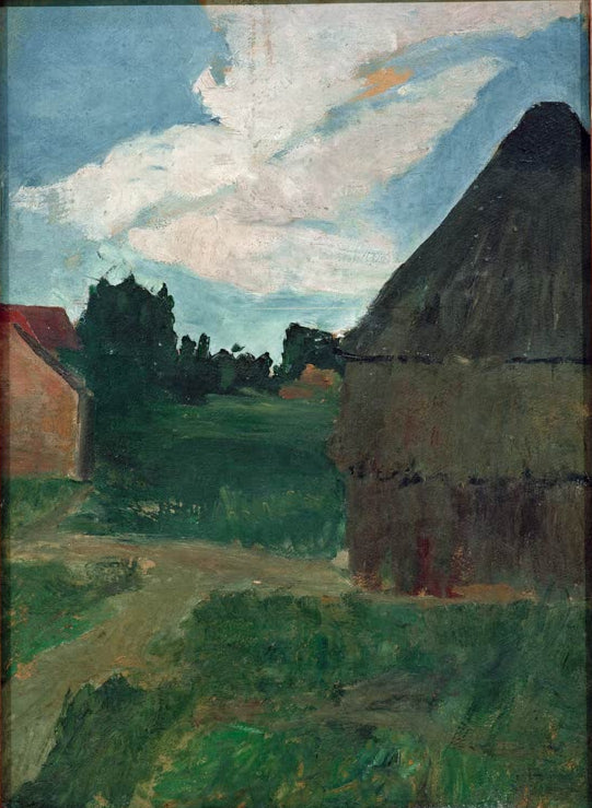 Kunstdruck von „Heuschober im Abendlicht“ von Paula Modersohn-Becker. Ausdrucksstarke Landschaftsdarstellung mit warmem Licht und ländlicher Atmosphäre, in Deutschland handgefertigt.
