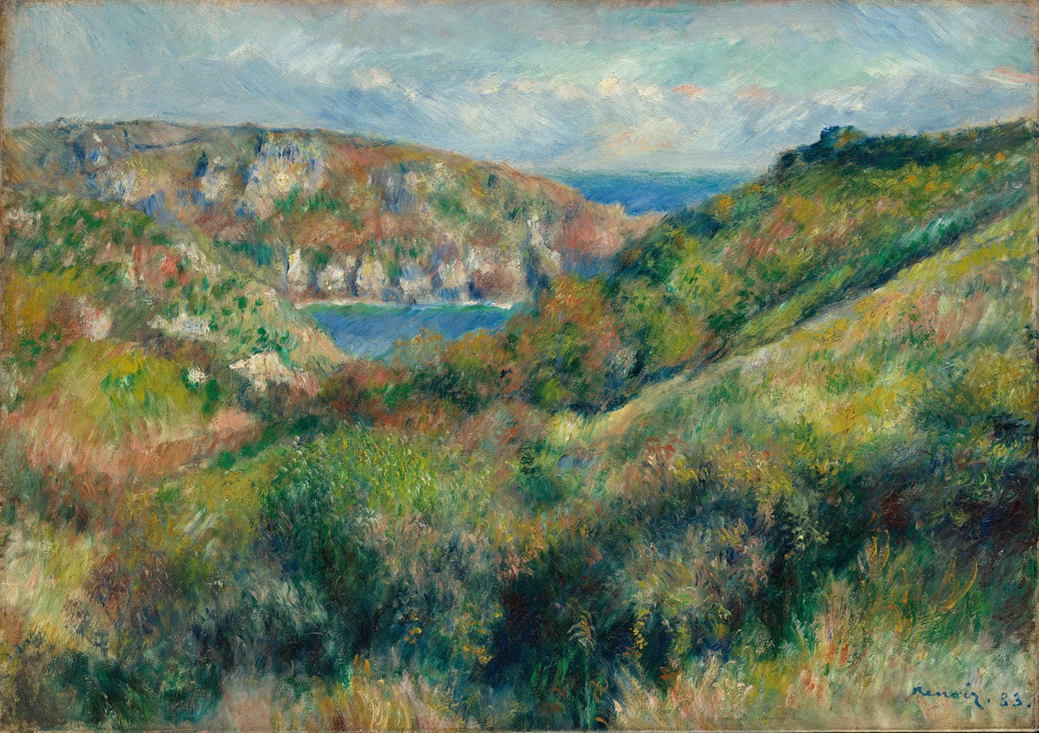 Impressionistisches Landschaftsgemälde von Pierre-Auguste Renoir, das die Hügel und die Bucht von Moulin Huet auf Guernsey zeigt. Sanfte Farben und lebendiges Lichtspiel verleihen dem Bild eine verträumte Atmosphäre.