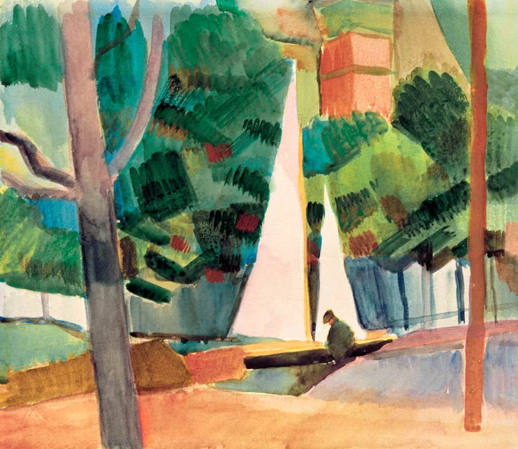 Kunstdruck des Gemäldes „Hilterfingen am Thuner See“ von August Macke. Hochwertig in Deutschland von Hand gefertigt, erhältlich als Poster oder Leinwand und optional gerahmt.
