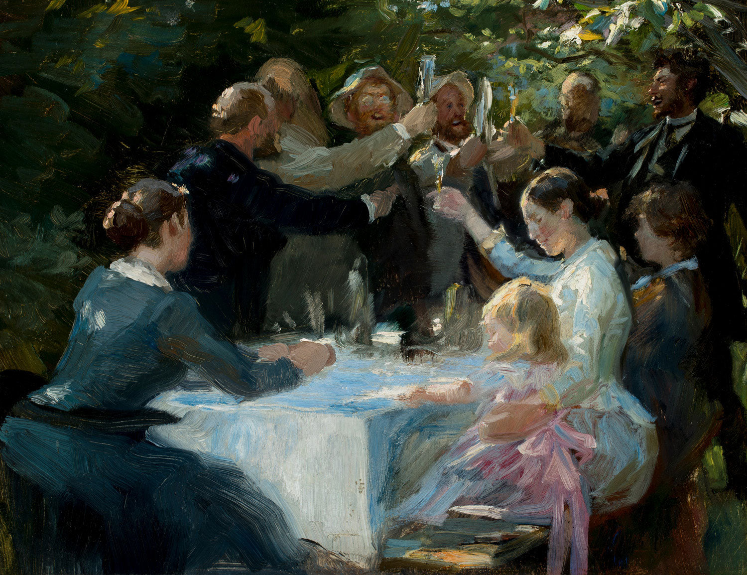 „Hip hip hurra! – Künstlerfest in Skagen“ von Peder Severin Krøyer: Fröhliche Szene eines Künstlerfestes im Freien mit Malern und Freunden, umgeben von Musik, Lachen und festlicher Atmosphäre im Licht von Skagen.