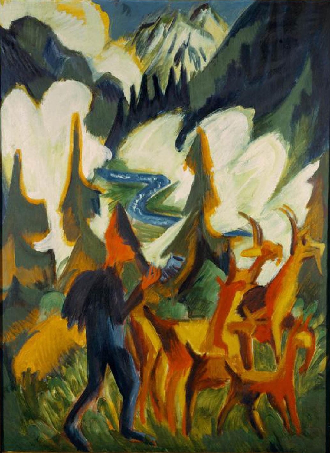 Ernst Ludwig Kirchner Gemälde „Hirte mit Ziegen am Morgen“ – expressionistische Landschaft mit Hirten und Ziegen in lebendigen Farben.