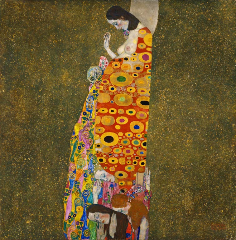 Kunstdruck von „Hoffnung II“ von Gustav Klimt mit symbolistischer Bildsprache und goldfarbenen Ornamenten. Erhältlich auf Leinwand oder als Poster.