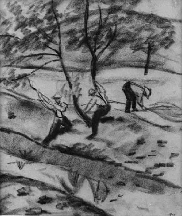 Kunstdruck des Gemäldes „Holzfäller in Kandern“ von August Macke. Hochwertig in Deutschland von Hand gefertigt, erhältlich als Poster oder Leinwand und optional gerahmt.