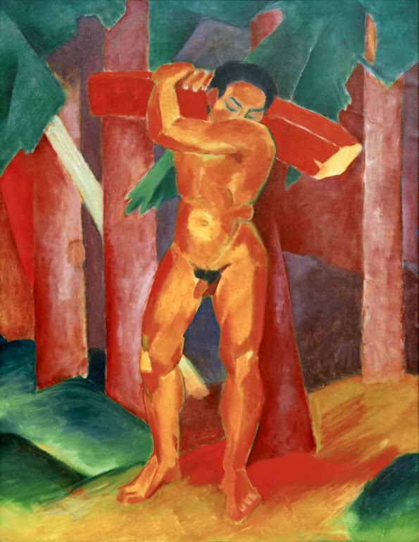 Kunstdruck des Gemäldes „Holzträger“ von Franz Marc. Hochwertig in Deutschland von Hand gefertigt, erhältlich als Poster oder Leinwand und optional gerahmt.