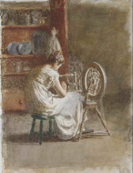 Kunstdruck des Gemäldes Homespun von Thomas Eakins mit realistischer Darstellung einer jungen Frau in ruhiger, natürlicher Atmosphäre.