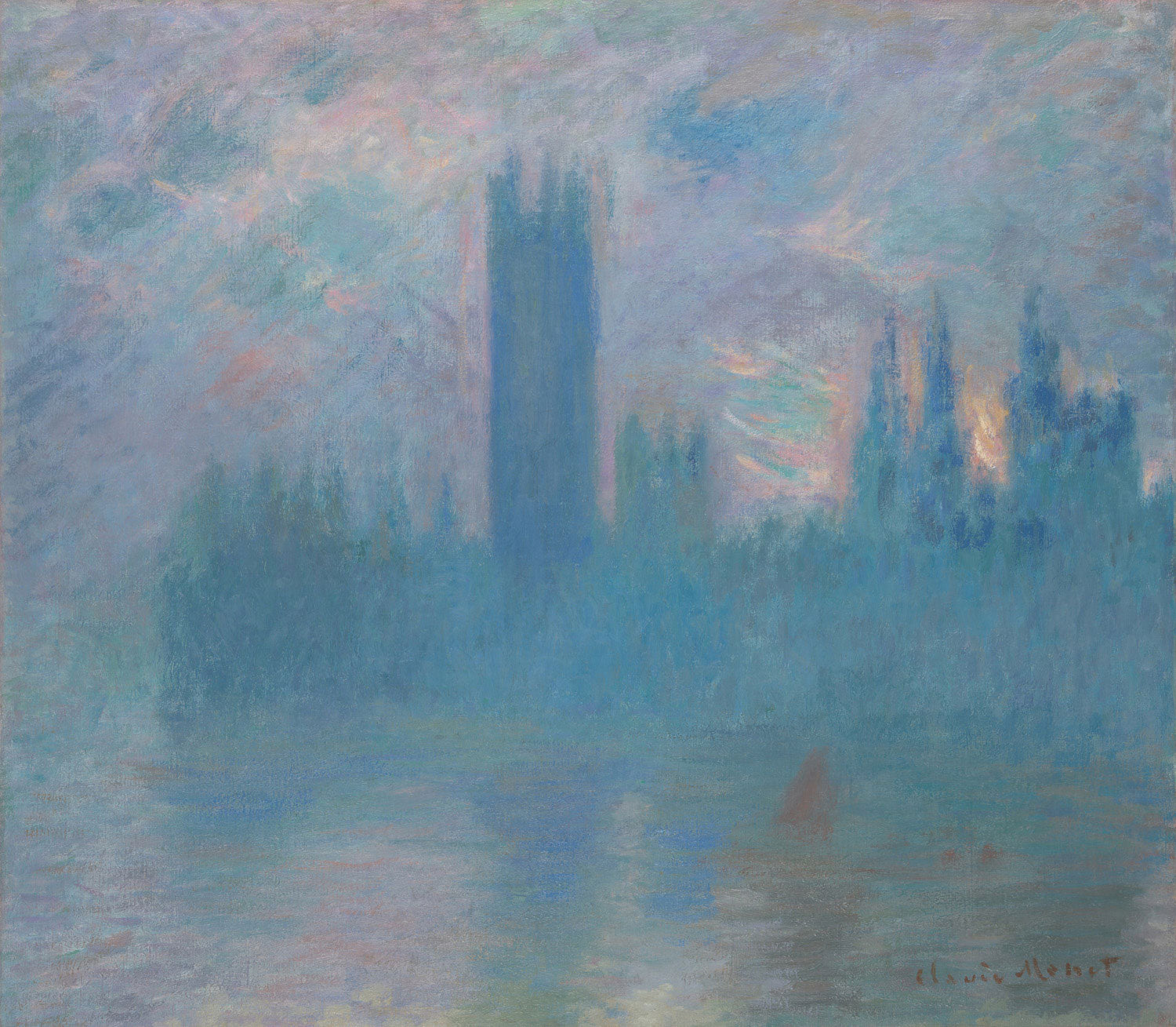Ein beeindruckendes impressionistisches Gemälde von Claude Monet mit dem Titel Houses of Parliament, London (1900-1901), das die Houses of Parliament bei Sonnenuntergang darstellt. Das Kunstwerk fängt die sanften Reflexionen auf der Themse und das wechselnde Licht ein, wodurch eine ruhige und atmosphärische Szenerie entsteht. Monets charakteristische, verschwommene Pinselstriche betonen die flüchtigen Effekte von Licht und Farbe.
