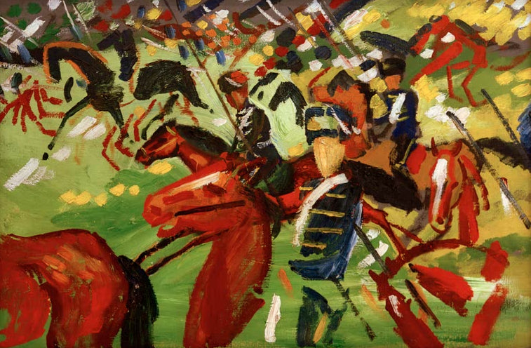 Kunstdruck des Gemäldes „Ausreitende Husaren“ von August Macke. Hochwertig in Deutschland von Hand gefertigt, erhältlich als Poster oder Leinwand und optional gerahmt.