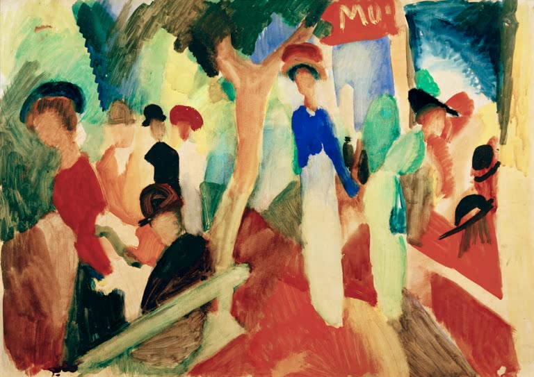 Kunstdruck des Gemäldes „Hutladen an der Promenade“ von August Macke. Hochwertig in Deutschland von Hand gefertigt, erhältlich als Poster oder Leinwand und optional gerahmt.