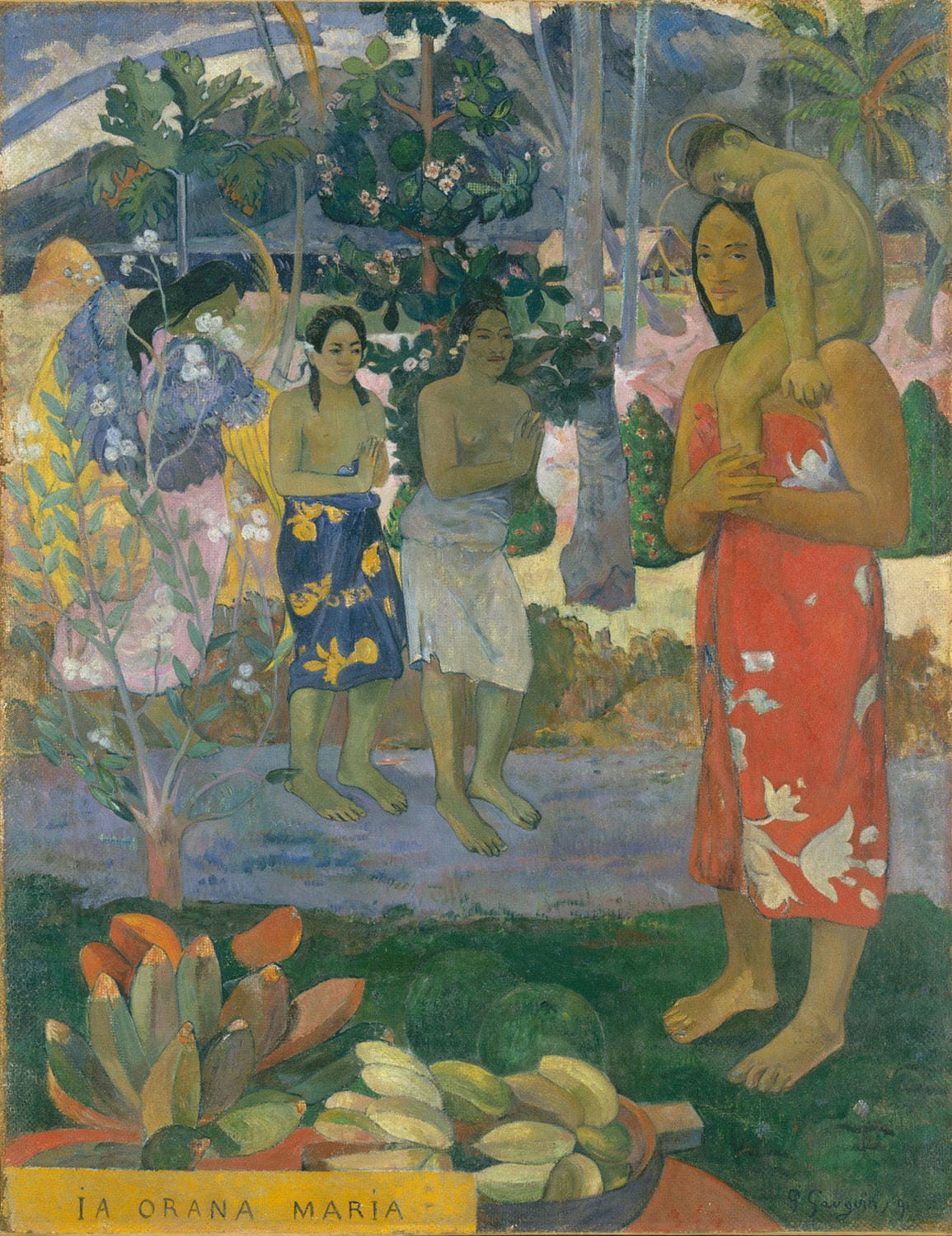 „Ia Orana Maria (Gegrüßet seist du, Maria)“ von Paul Gauguin zeigt die Heilige Maria in einer tropischen Landschaft auf Tahiti. Mit leuchtenden Farben und einer einzigartigen Mischung aus westlicher Religion und polynesischer Kultur fängt das Gemälde eine exotische, spirituelle Atmosphäre ein.