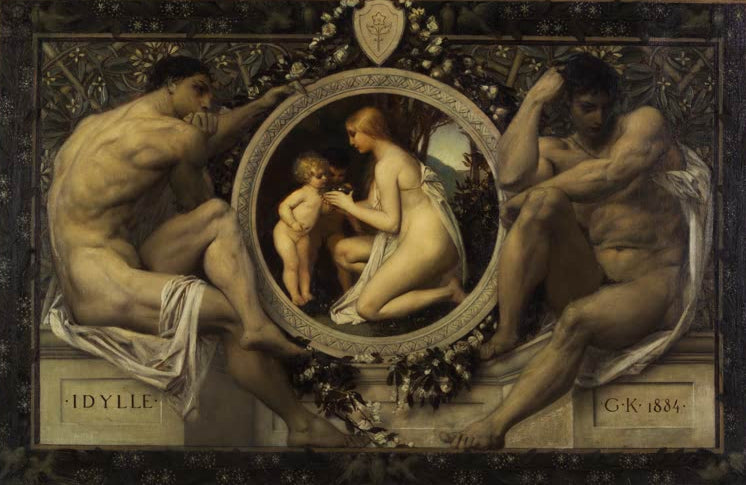 Kunstdruck von „Idylle“ von Gustav Klimt mit stimmungsvoller Komposition und dekorativer Farbgestaltung. In Deutschland von Hand gefertigt, als Leinwand oder Poster erhältlich.