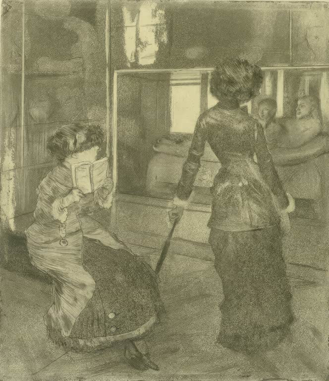 Kunstdruck des Gemäldes Im Louvre: Im Antikensaal von Edgar Degas mit Besuchern zwischen antiken Skulpturen im Louvre.
