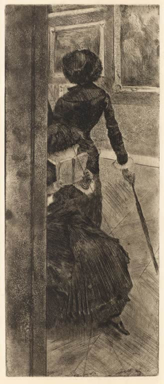 Kunstdruck des Gemäldes Im Louvre: die Malerei von Edgar Degas mit Besuchern vor Gemälden im Louvre.
