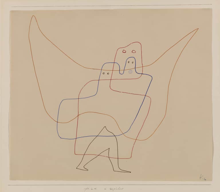 Kunstdruck „Im Schutz des Engels“ von Paul Klee mit abstrahierter Engelsfigur und charakteristischer Farbgestaltung