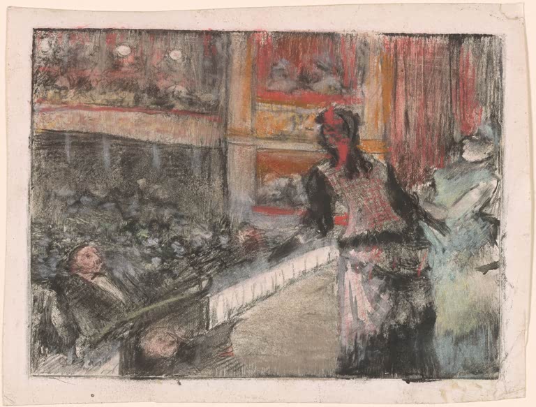 Kunstdruck des Gemäldes Im Theater: Das Duett von Edgar Degas mit zwei Künstlern während einer Aufführung auf der Theaterbühne.