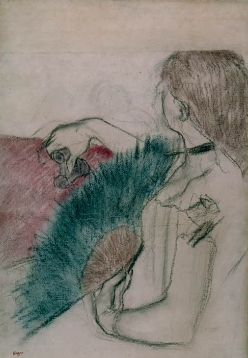 Kunstdruck von Im Theater: Frau mit Fächer von Edgar Degas mit einer eleganten Theaterszene und einer Frau mit Fächer im impressionistischen Stil.