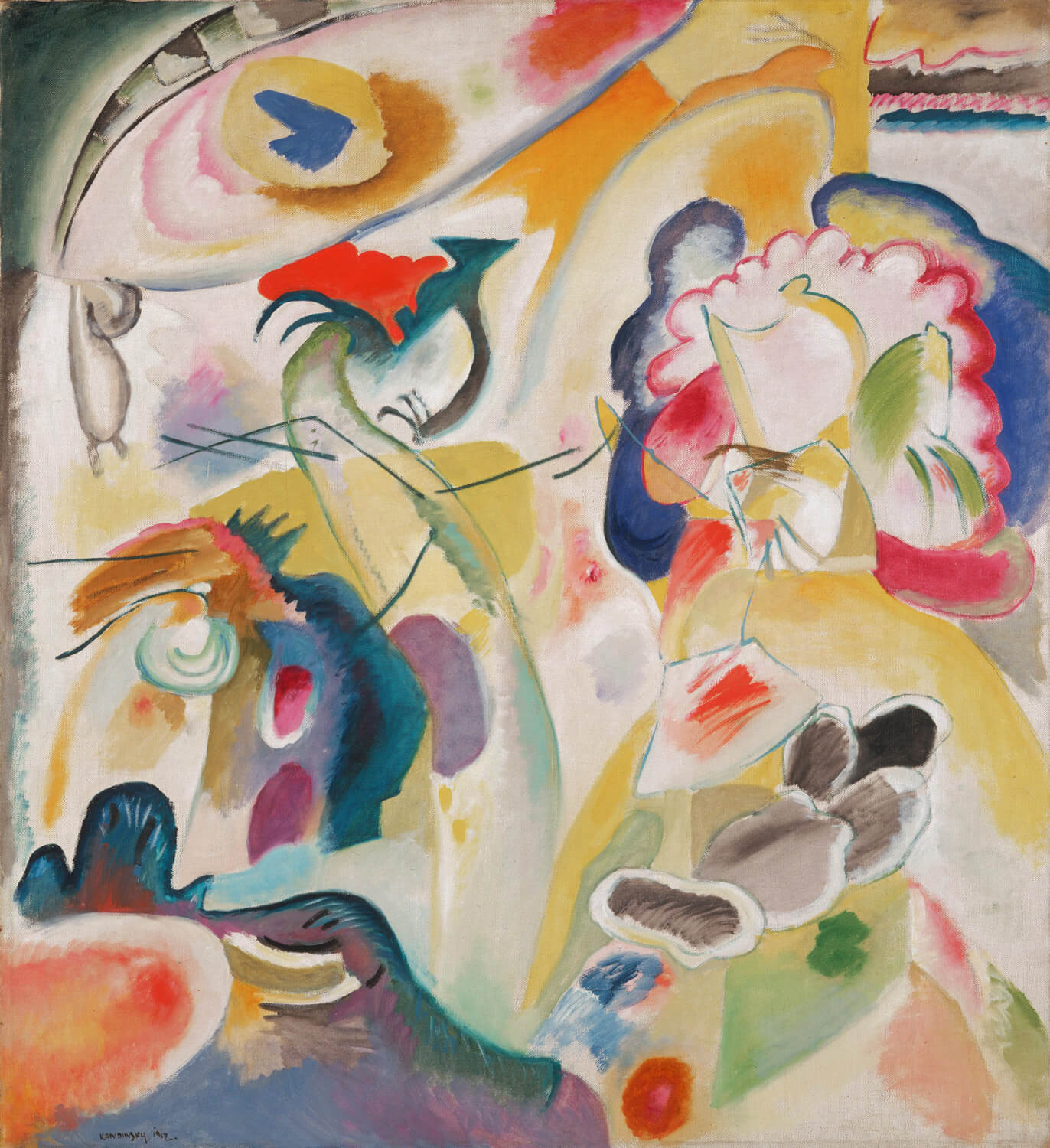 Abstraktes Gemälde von Wassily Kandinsky mit dynamischen Formen, leuchtenden Farben und geschwungenen Linien, inspiriert von der Figur eines Schwans.
