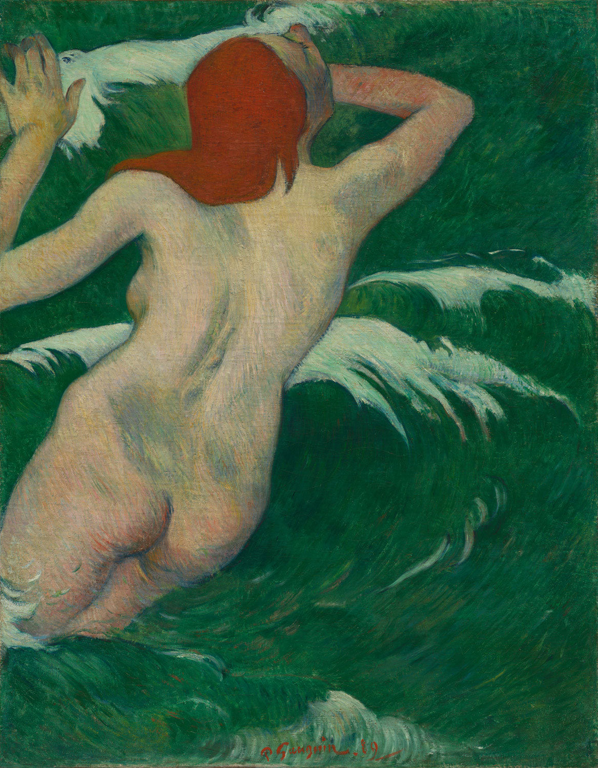 Post-impressionistisches Gemälde 'In den Wellen' von Paul Gauguin, das die kraftvollen Wellen des Meeres in lebendigen, expressiven Farben darstellt.
